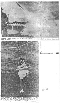 Rescue rocket firing from lifeboat & newspaper article