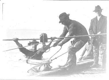 Queenscliffe lifeboat crew 'rocket' breeches buoy rescue practice c1920