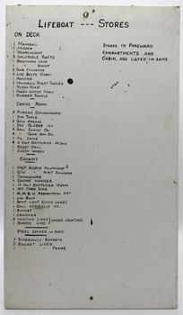 Masonite board painted white with a list of stores contained in each compartment of the lifeboat hand painted in black.