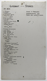 Masonite board painted white with a list of stores contained in each compartment of the lifeboat hand painted in black.