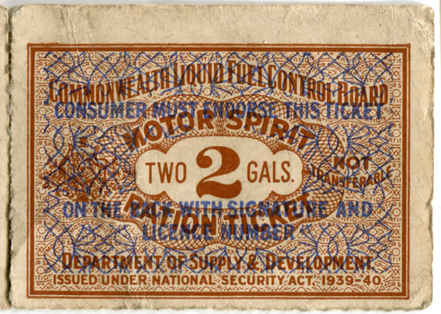 A collection of fuel ration tickets in various colours depicting the volume allowed per ticket and the expiry date 1941