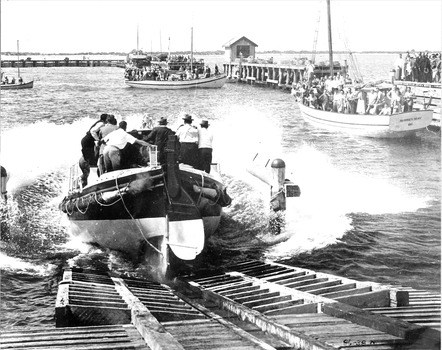 Black & white photograph of the Life boat launching & Blessing of the Fleet 1949 at Queenscliffe