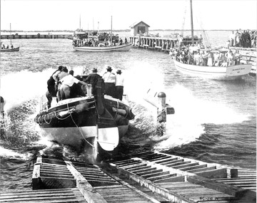 Black & white photograph of the Life boat launching & Blessing of the Fleet 1949 at Queenscliffe