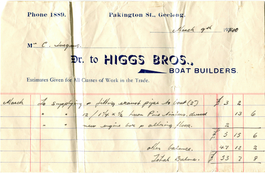 Boat repair invoice from 1940