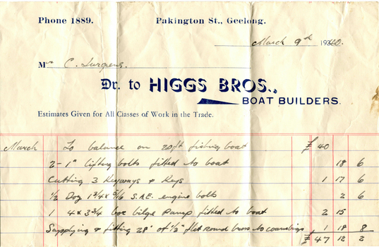 Boat repair invoice from 1940.