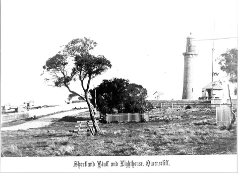 Black & white photo of Shortland Bluff & Lighthouse Queenscliffe, post 1862