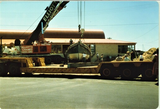 1986-067.1 [1st above] craning the QUEENSCLIFFE onto boat rollers / 1986.067.2 [2nd above] Two cranes moving the QUEENSCLIFFE INTO POSITION / 1986.067.3 and 4  earlier shots of the two cranes maneuvering the QUEENSCLIFFE