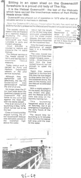 Newspaper article about the Queenscliffe lifeboat's 50 years of service in Port Phillip.