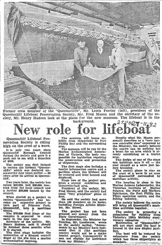 Newspaper article re the lifeboat Queenscliffe to be housed in the new QMM