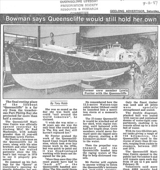 Geelong Advertiser article Sat 07/02/1987 re QMM's lifeboat display