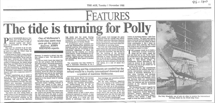The Age Tue 01 Nov 1988 article re Polly Woodside awarded status