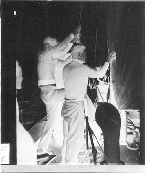 Negative - Ferrier brothers raising a sail on QUEENSCLIFFE c1945