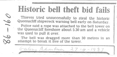 Wreck bell attempted theft Saturday 27 April 1987
