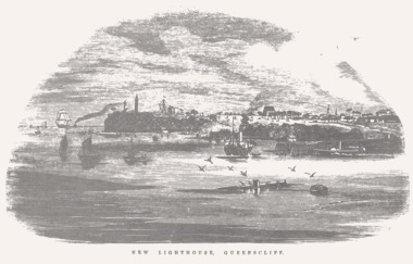 Illustration of an etching printed showing a lighthouse at Queenscliffe