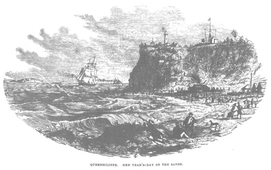 Illustration of an etching printed showing the beach at Queenscliffe