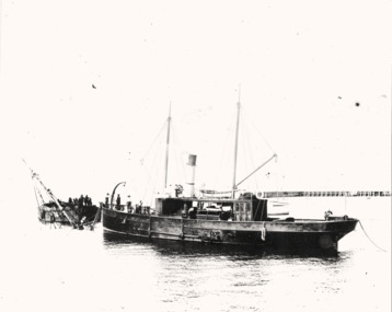 Tugboat SS MINAH hauling the ketch DEFENDER off sandbank near Indented Head