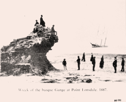 Black & white photograph of lifeboat crews, wreck of the GANGE & newspaper clippings