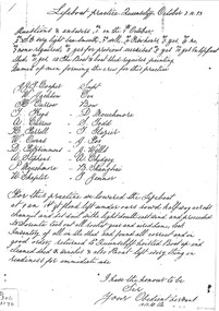 Hand written report re lifeboat practice, 10 oars.