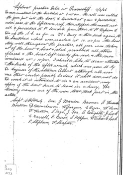 Hand written report re lifeboat practice, 16 oars.