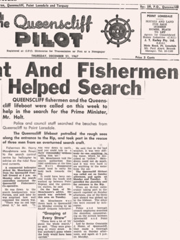 Article re missing Prime Minister H Holt 21Dec1967