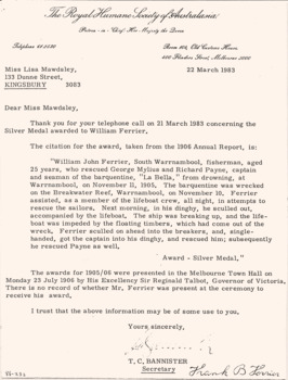 William Ferrier citation letter 22/3/1983 re La BELLA rescues