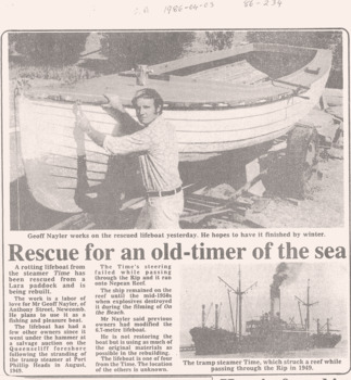 Geoff Naylor & his refurbished lifeboat from the TIME wreck.