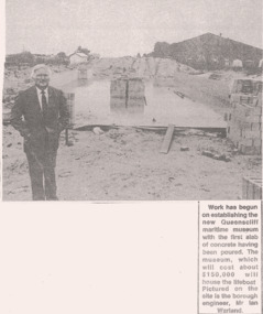 News clip re QMM's first slab laid & Ian Warland the Borough Engineer.