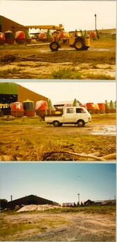 T - B ~ site crane moving buoys, truck with timber & site for new slab c1984
