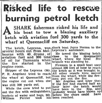 News article re shark fisherman aiding the LEPRENA & its fire.