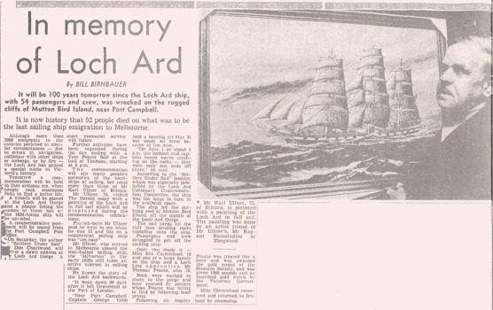 Bill Birnbauer news aticle about the 100 yr anniversary of the Loch Ard disaster.