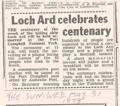 News article re Loch Ard celebrations at Port Campbell.