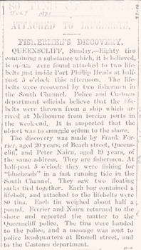 c1931 news article re opium found at Queenscliffe 