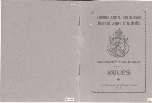 Returned Sailors' and Soldiers' Imperial League of Australia Rules booklet 1919.