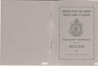 Returned Sailors' and Soldiers' Imperial League of Australia Rules booklet 1919.