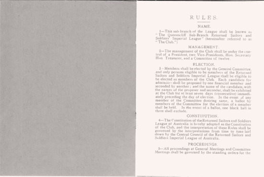 Returned Sailors' and Soldiers' Imperial League of Australia Rules booklet 1919.