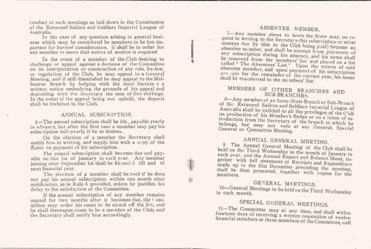 Returned Sailors' and Soldiers' Imperial League of Australia Rules booklet 1919.