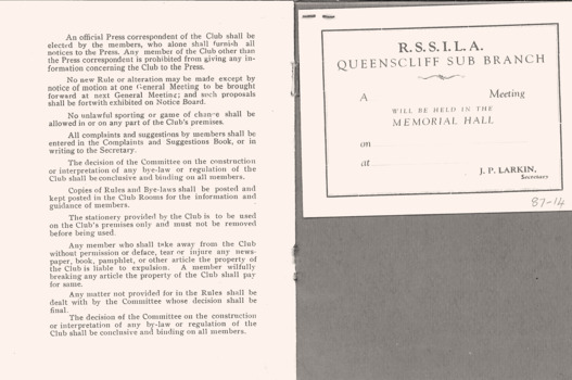 Returned Sailors' and Soldiers' Imperial League of Australia Rules booklet 1919.