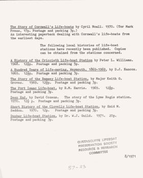 Royal National Lifeboat Institution pamphlets, 2 of 15 faces.