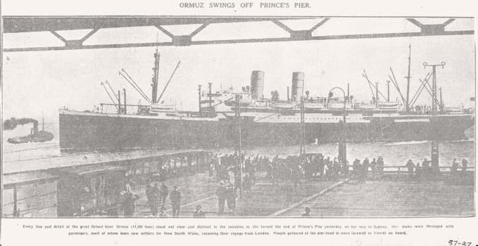 The ORMUZ swings off Prince's Pier at Melbourne, news clipping & photo.