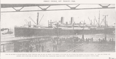 The ORMUZ swings off Prince's Pier at Melbourne, news clipping & photo.