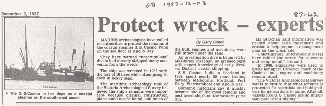 News article re protection of the wreck of the CASINO, c1987.