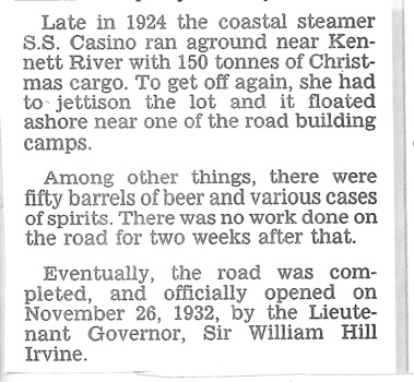 News article re jettisoned cargo & road building interruption..