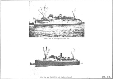 TSS TAROONA ship 1934 to 1959, photos, details, clippings & history.