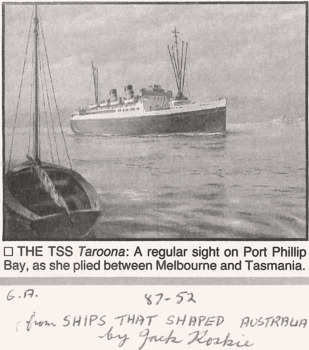 TSS TAROONA ship 1934 to 1959, photos, details, clippings & history.