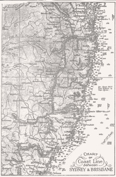 Old coastal map between Sydney & Brisbane, Australia, from an unknown book.