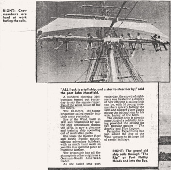 Newspaper photo & article re the EYE of the WIND brigantine under sail c1985