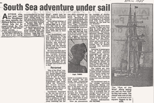 News article & photos re EYE of the WIND visit to Port Phillip in April 1985.