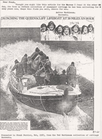 Newspaper - B & W photo & news clipping re the launching of the Queenscliffe lifeboat 7th April 1934, Queenscliffe lifeboat launching in 1934, Circa 1985