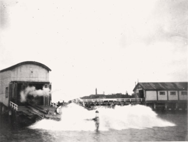 Lifeboat launch 1949, probably the QUEENSCLIFFE. (Behind all the spray)