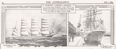 MAGDALENE VINNEN (1921-1936) world's biggest barque, 1'4'1933 newspaper clipping.